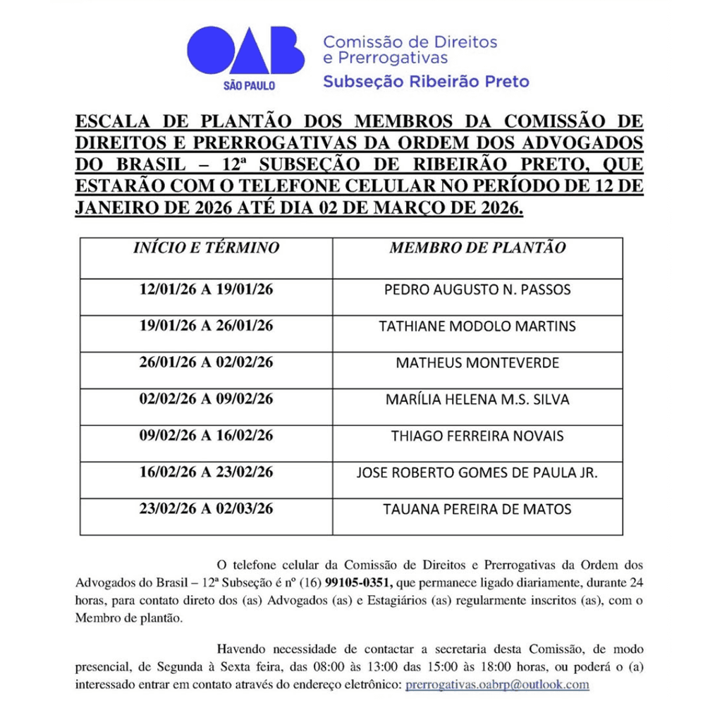 Escala de Plantão da Comissão de Diretos e Prerrogativas - JANEIRO 2026