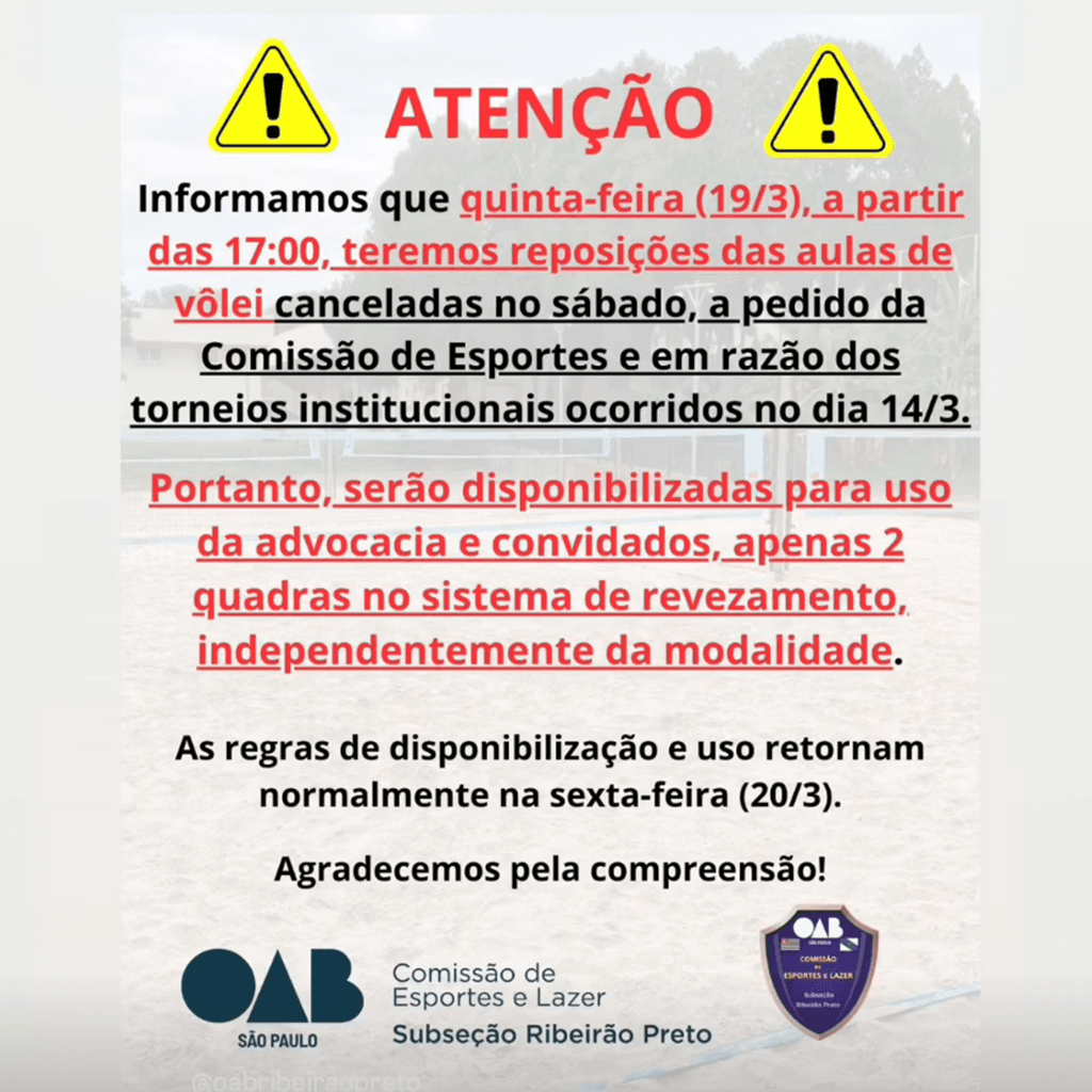 Reposições das aulas de vôlei