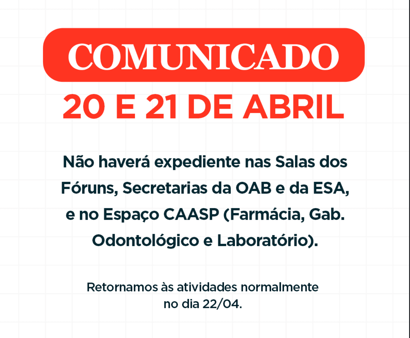 Comunicado: Expediente Feriado de Tiradentes