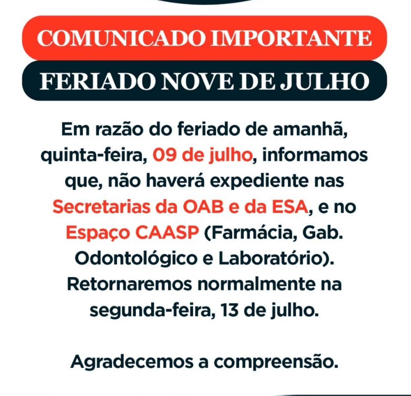 Comunicado: Feriado da Revolução Constitucionalista de 1932