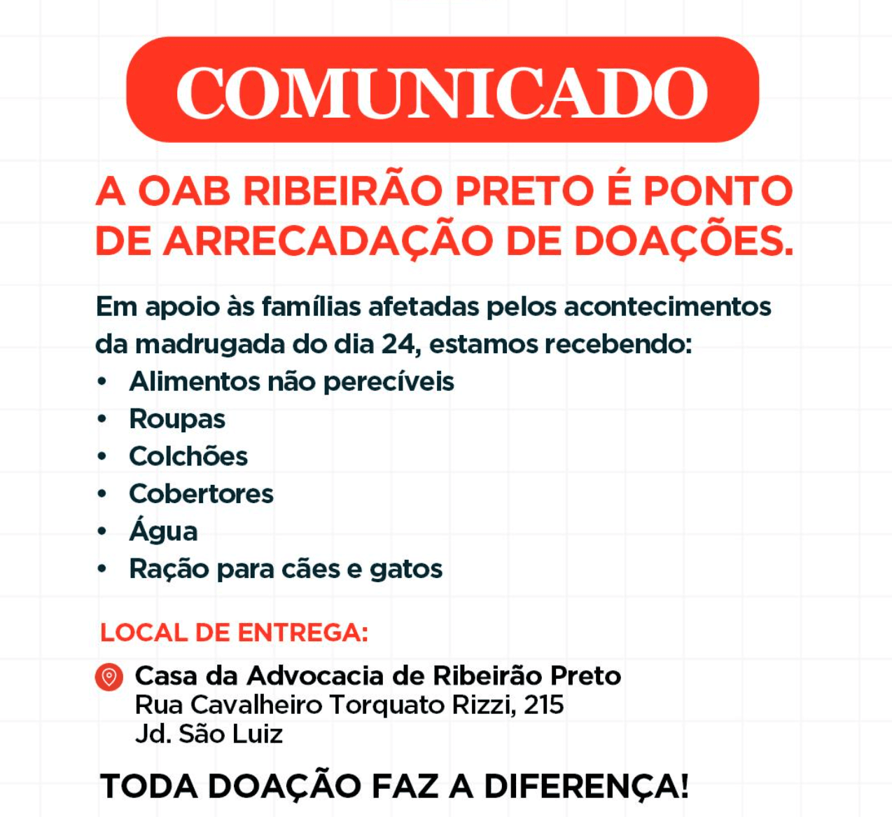 🌧️ OAB RP é ponto de arrecadação de doações para auxiliar as famílias afetadas pelas chuvas 🌧️