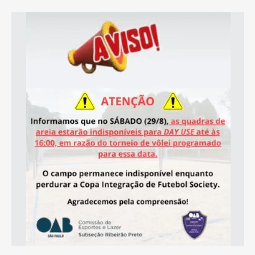 Comunicado: 🔒 Quadras de areia indisponíveis