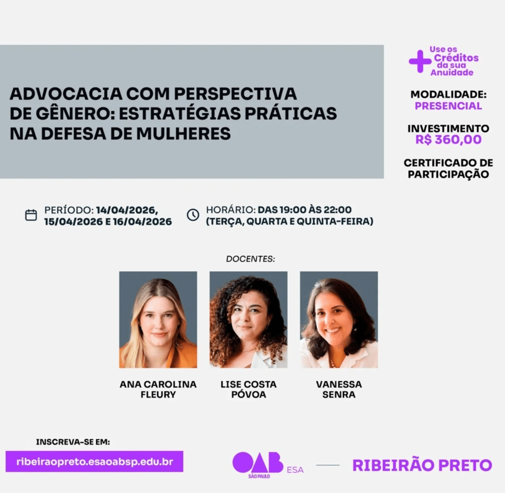 📙 ESA RP: Advocacia com Perspectiva de Gênero: Estratégias Práticas na Defesa de Mulheres